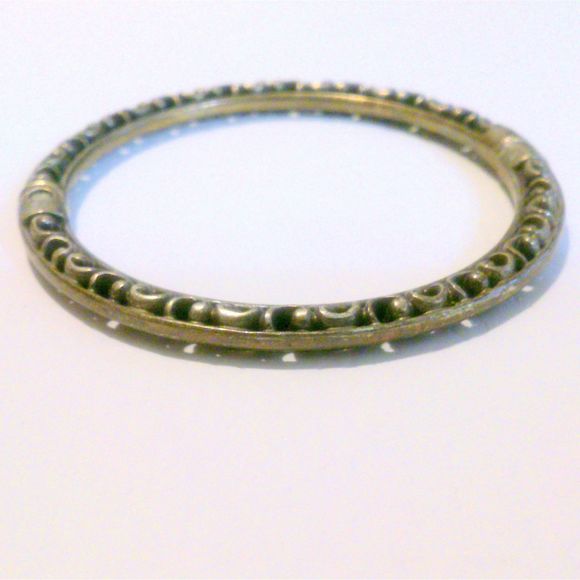 Ornate Boho Inspired Open Work Hinged Silver Tone Bangle Bracelet - Picture 1 of 4
